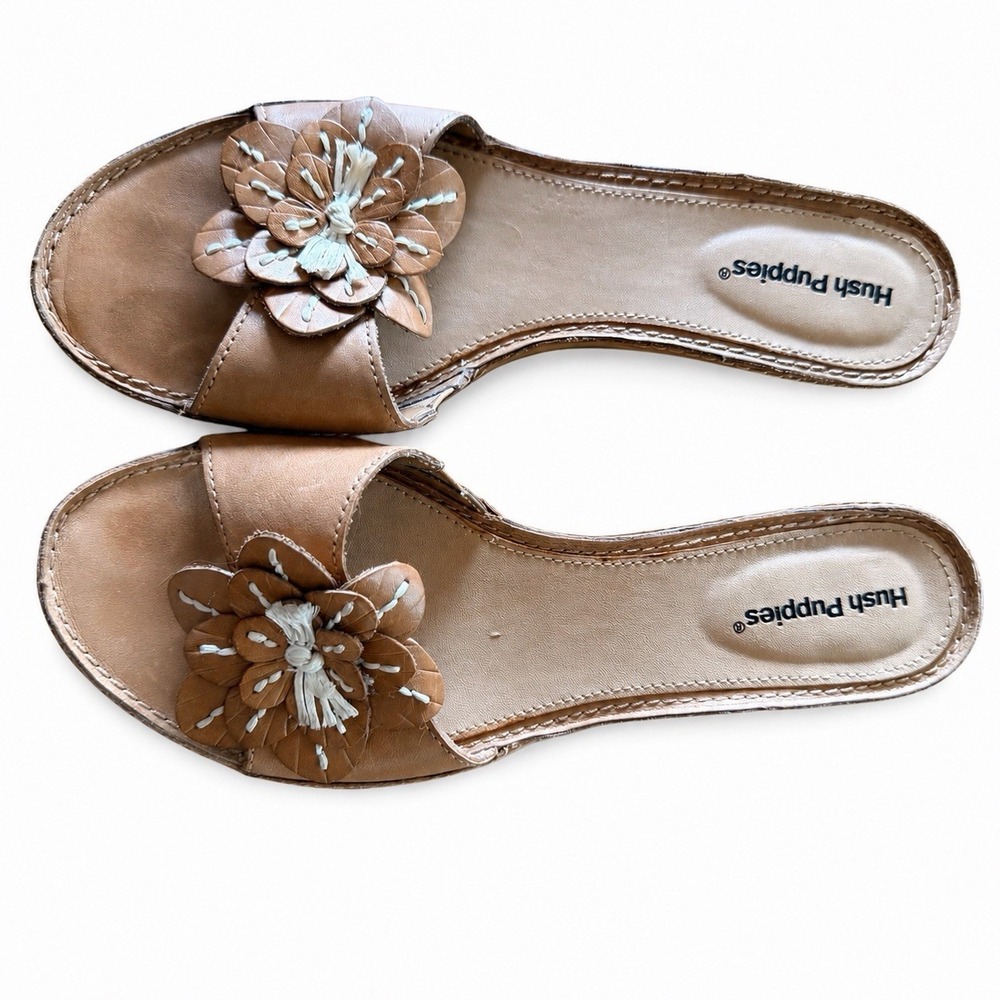 Hush Puppies Floral Slide Wood Mule Heels Tan Leather Sandals Women's Size‎ 6.5W